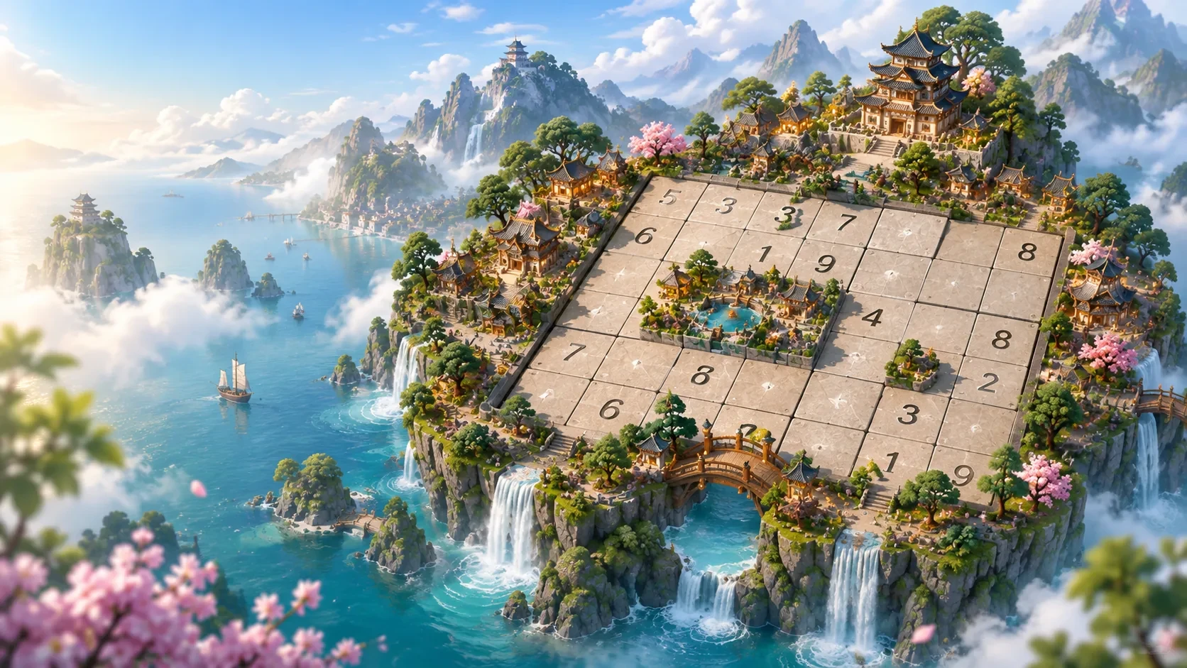 A Sudoku grid integrated into a continuous mountain city landscape; concept illustration