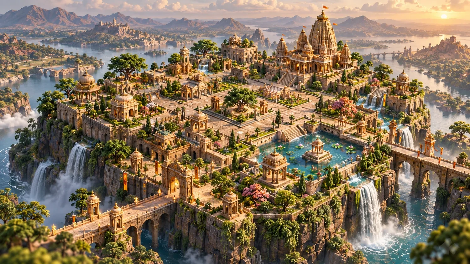 Concept art of Ninehaven's connected temple city