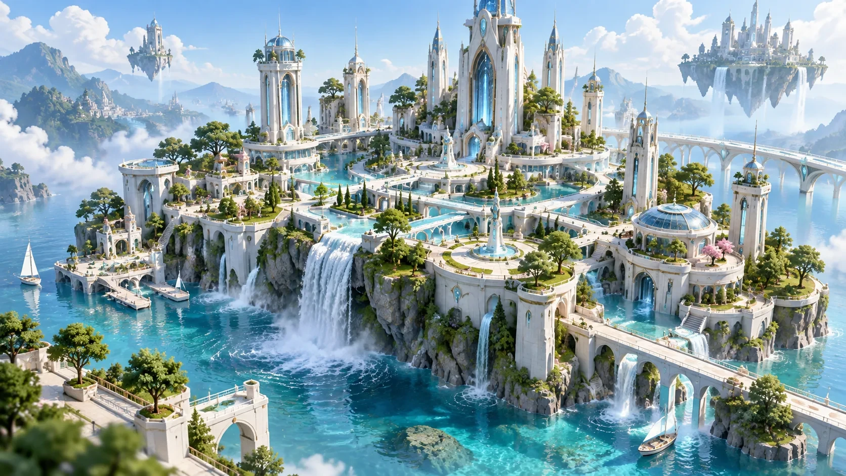 Complete white city with shared waterways, bridges and towers