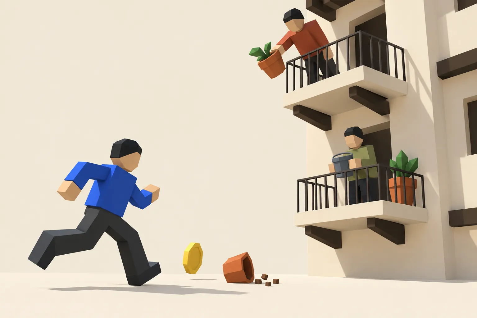 The blue-shirt runner races below blocky balcony neighbours holding a flowerpot and a bucket.