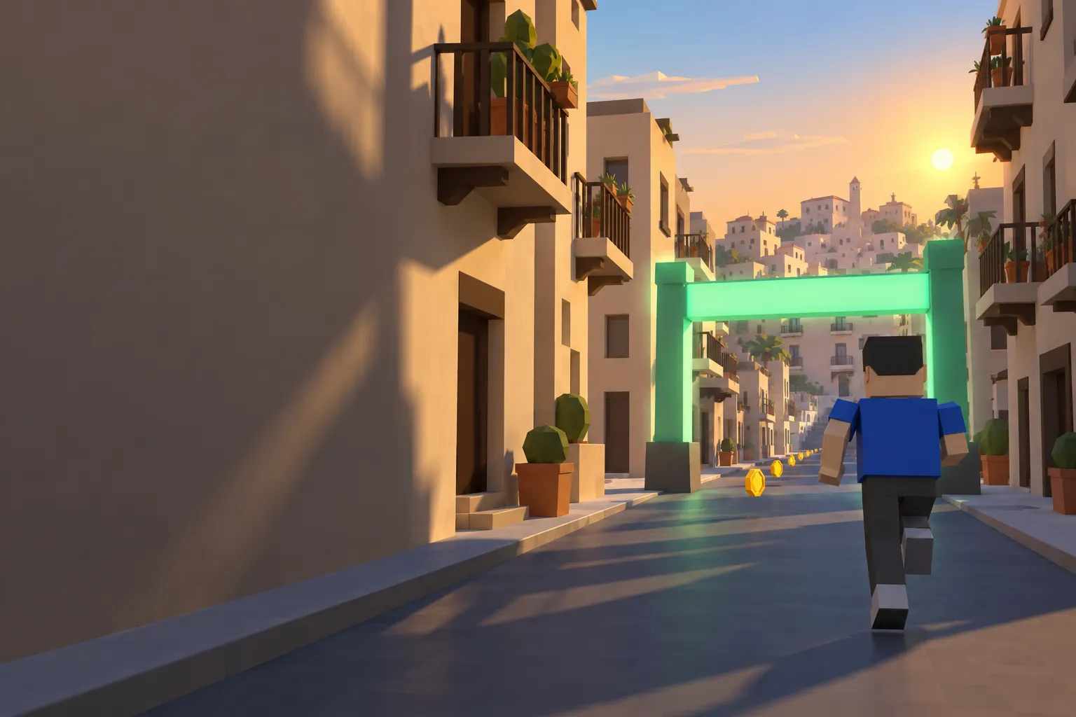 The runner approaches a glowing green checkpoint in the same balcony-lined street at sunset.