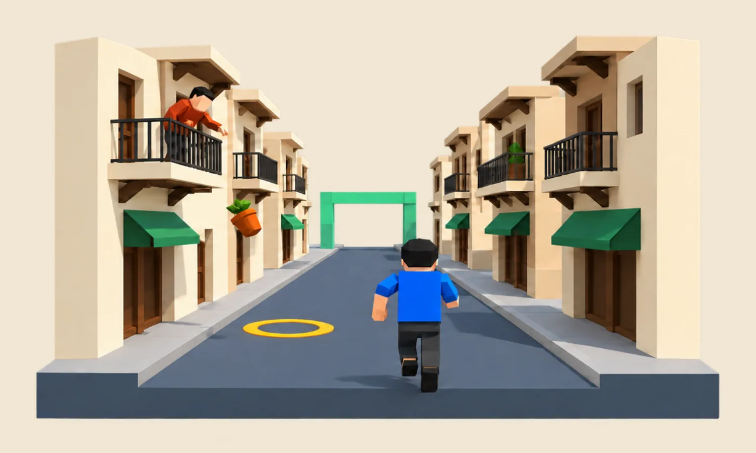 Seen from behind, the blue-shirt runner heads down a street of cream balconies toward a green gate while a neighbour leans out and a flowerpot drops toward an amber landing ring.