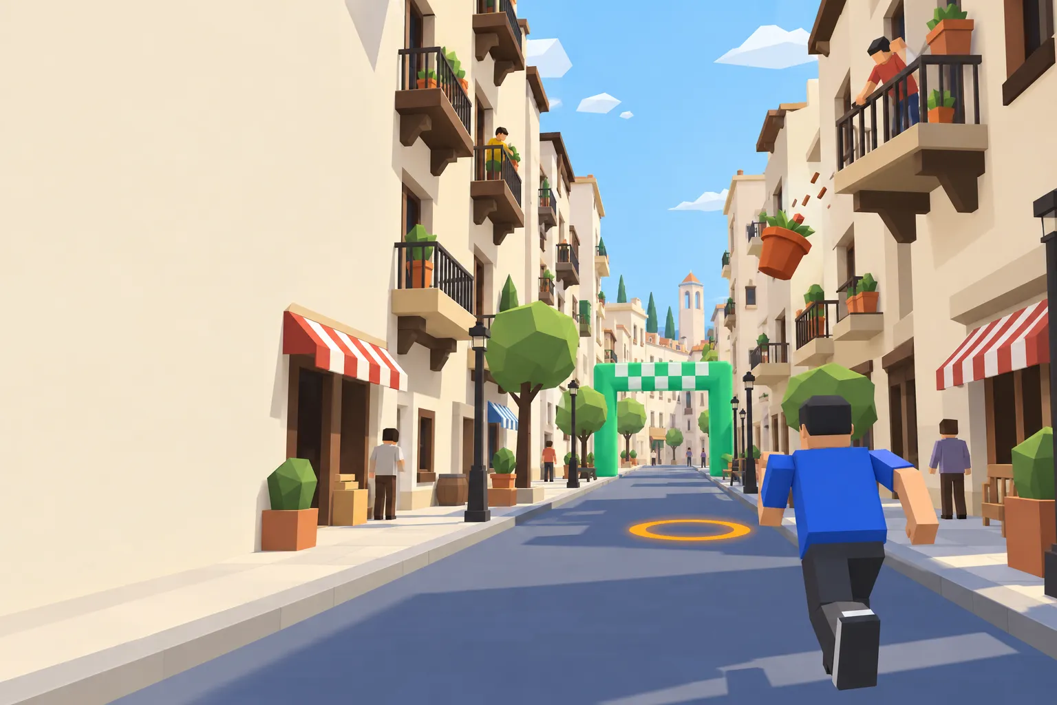 The blue-shirt runner dashes down a sunny balcony street toward a green gate while a neighbour’s flowerpot falls toward an amber landing ring.