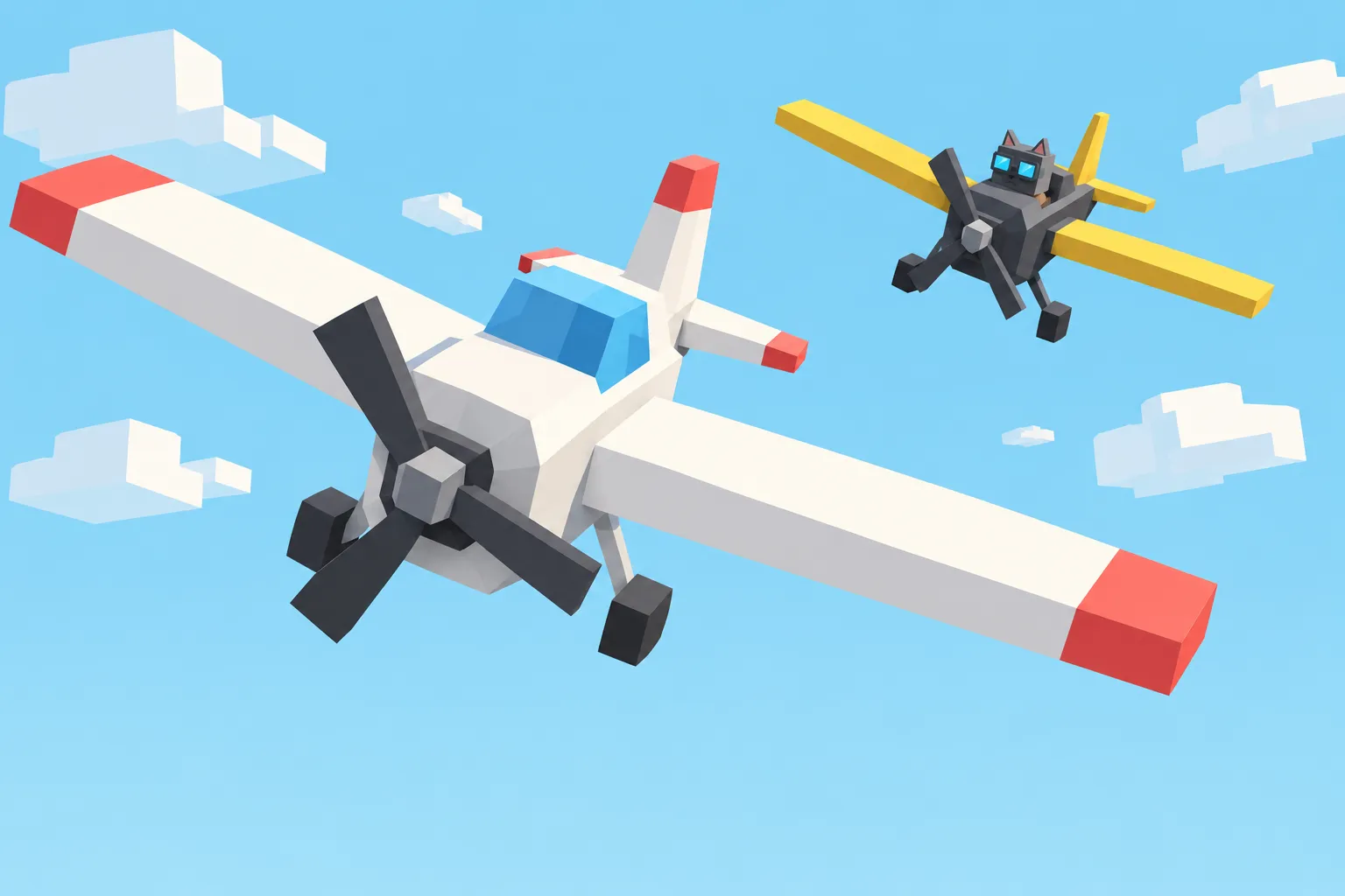 The white and coral Charter plane flies alongside a charcoal plane with yellow wings, piloted by a blocky cat in blue goggles.