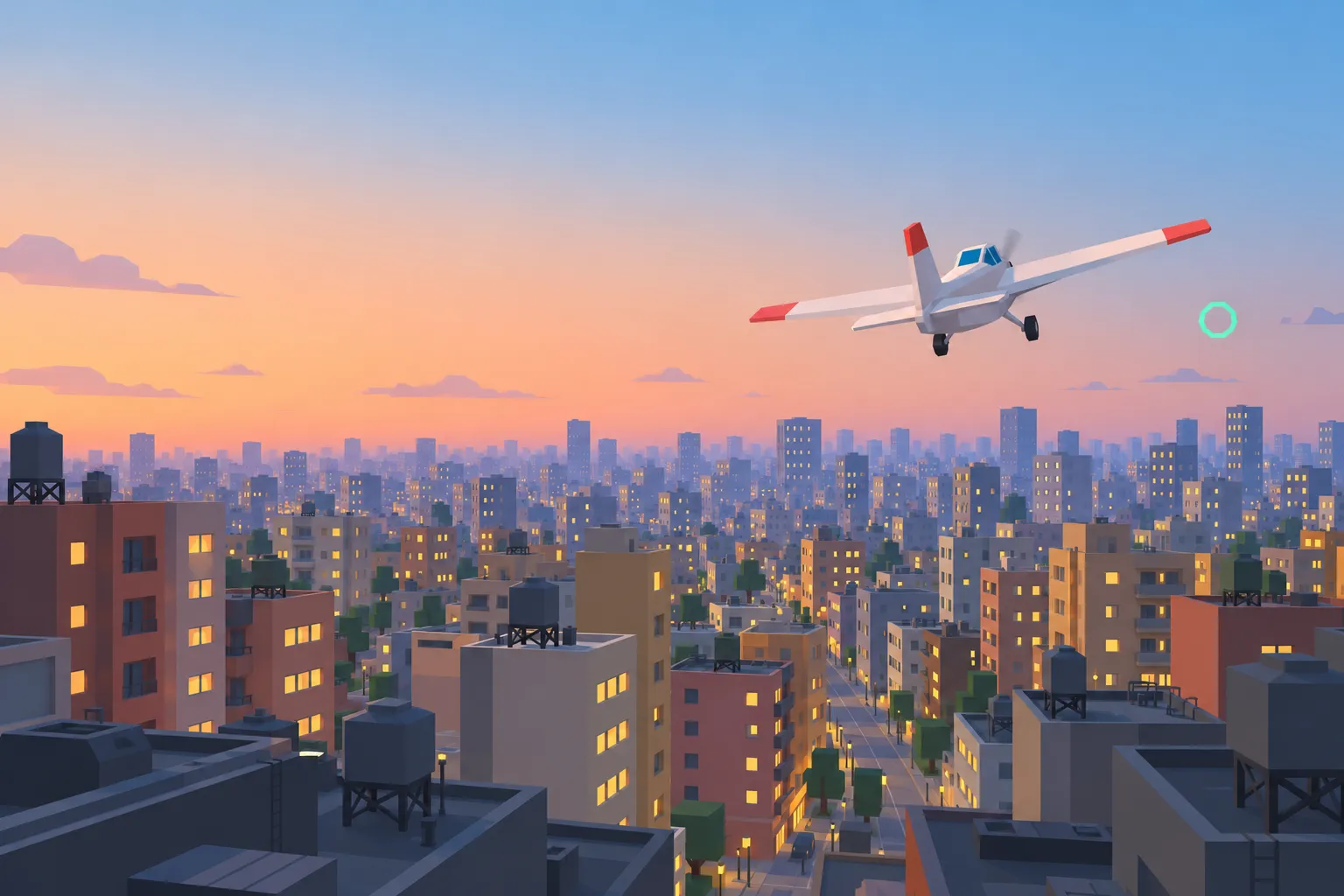 A white plane with coral wingtips climbs above a softly lit blocky city at dusk, toward a distant green checkpoint.