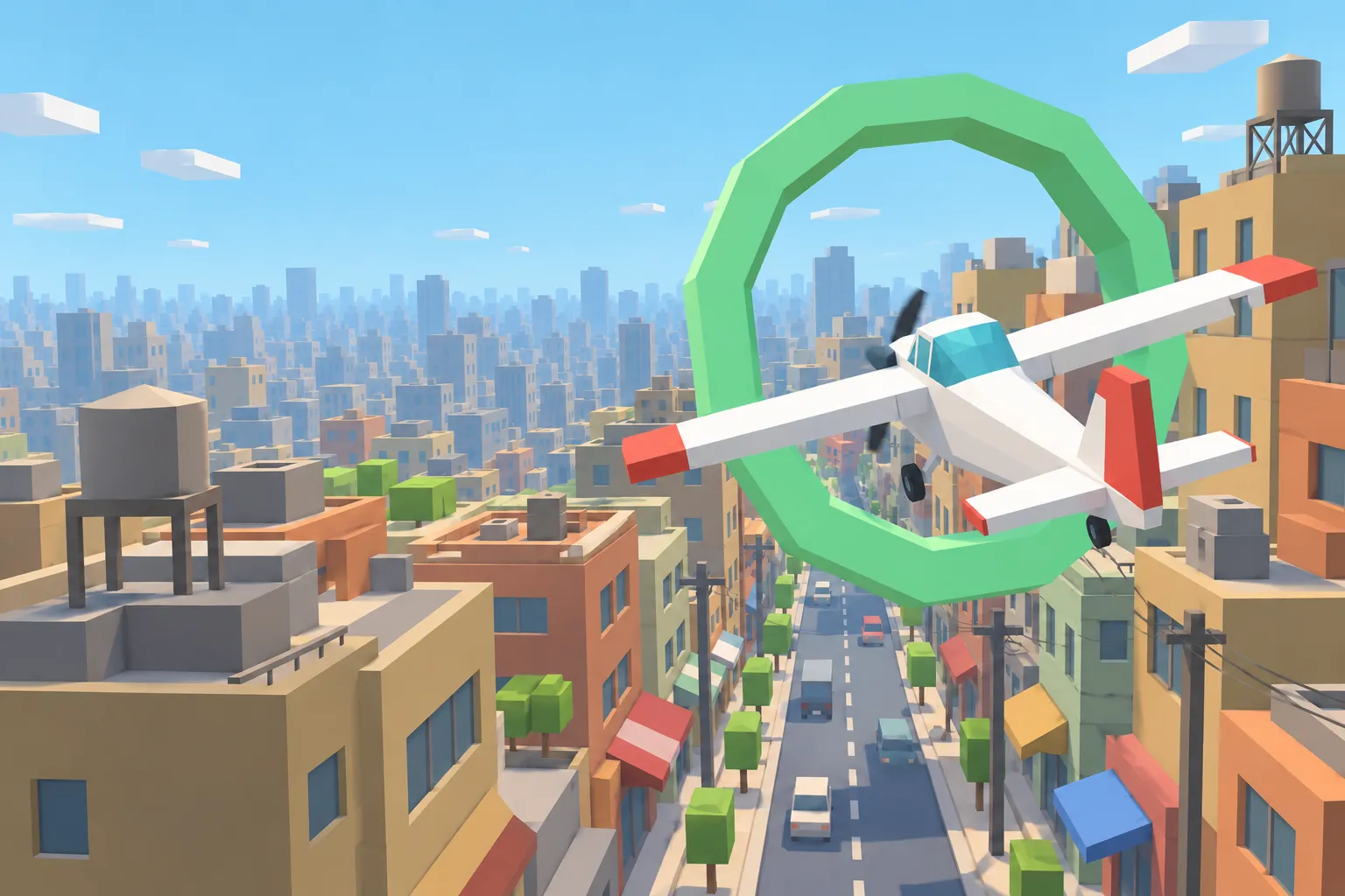 A coral-tipped plane banks through a green ring above low-poly shopfronts, rooftop tanks and a narrow city street.