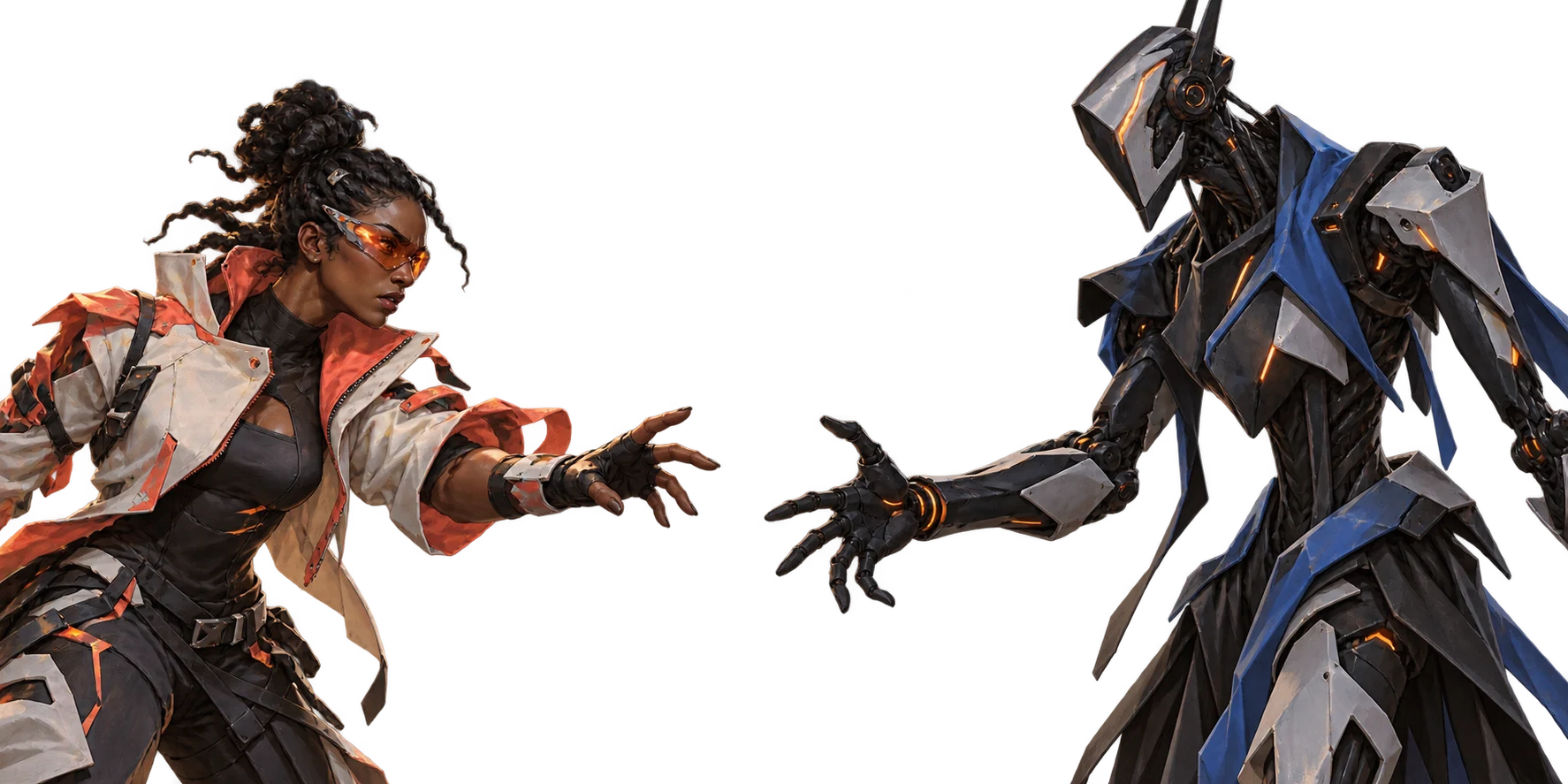 Two players reaching toward each other, head to head