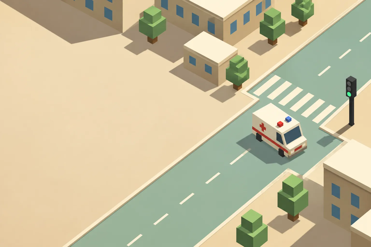 A white cuboid ambulance with red and blue roof lights passes a green signal on a clear sage road.
