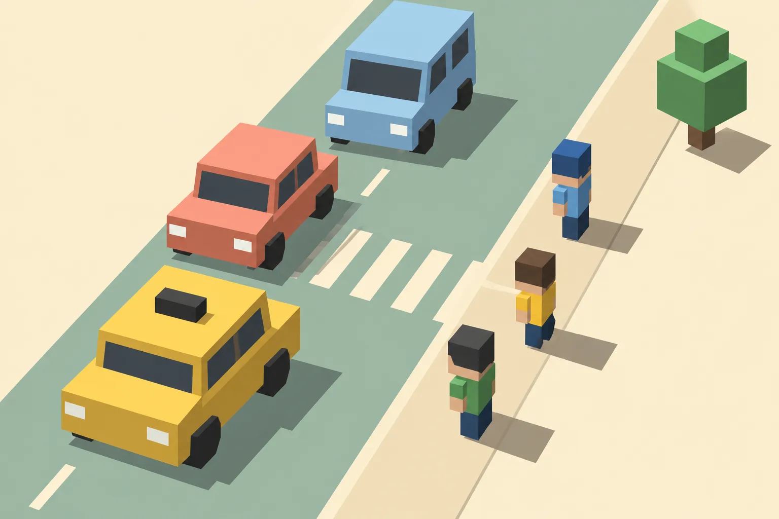 A yellow taxi leads a coral sedan and blue van, beside blocky people waiting at a zebra crossing.