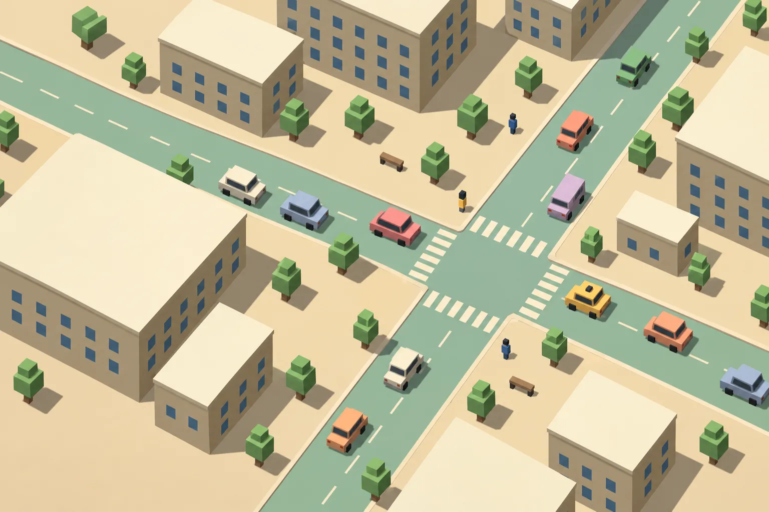 Morning sunlight falls across sandstone buildings, cube-shaped trees and pastel cars at a sage-green crossroads.