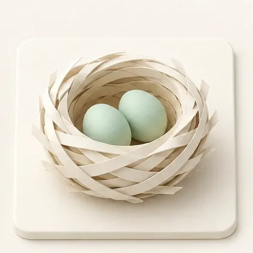 An ivory paper nest cradling two mint eggs on an ivory tile.