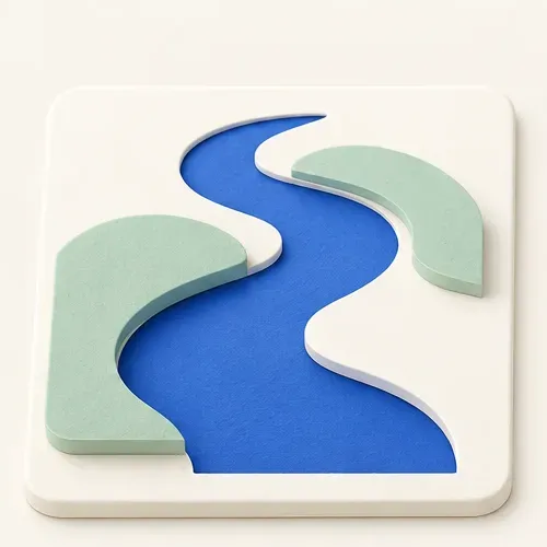 A winding blue paper river between mint banks on an ivory tile.