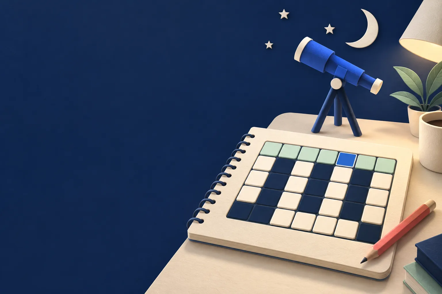 Evening at the word desk: a paper telescope and stars above an ivory crossword notebook and a resting coral pencil.
