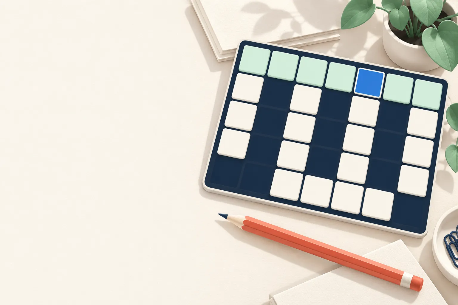 An ivory puzzle desk with a mint and navy crossword tray, a coral pencil and paper leaves.