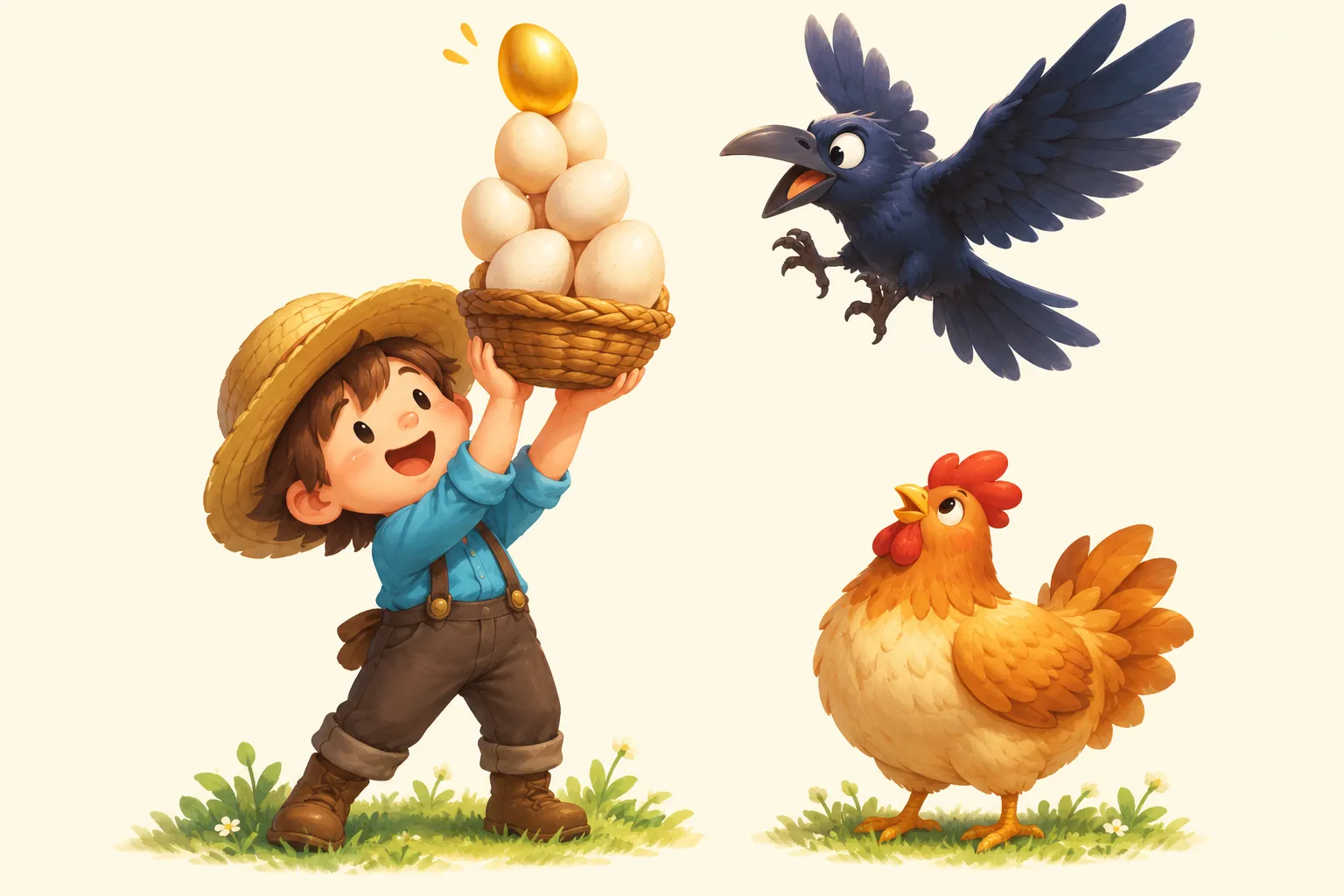 A straw-hatted caretaker balances eggs while a mischievous crow and golden hen look on.