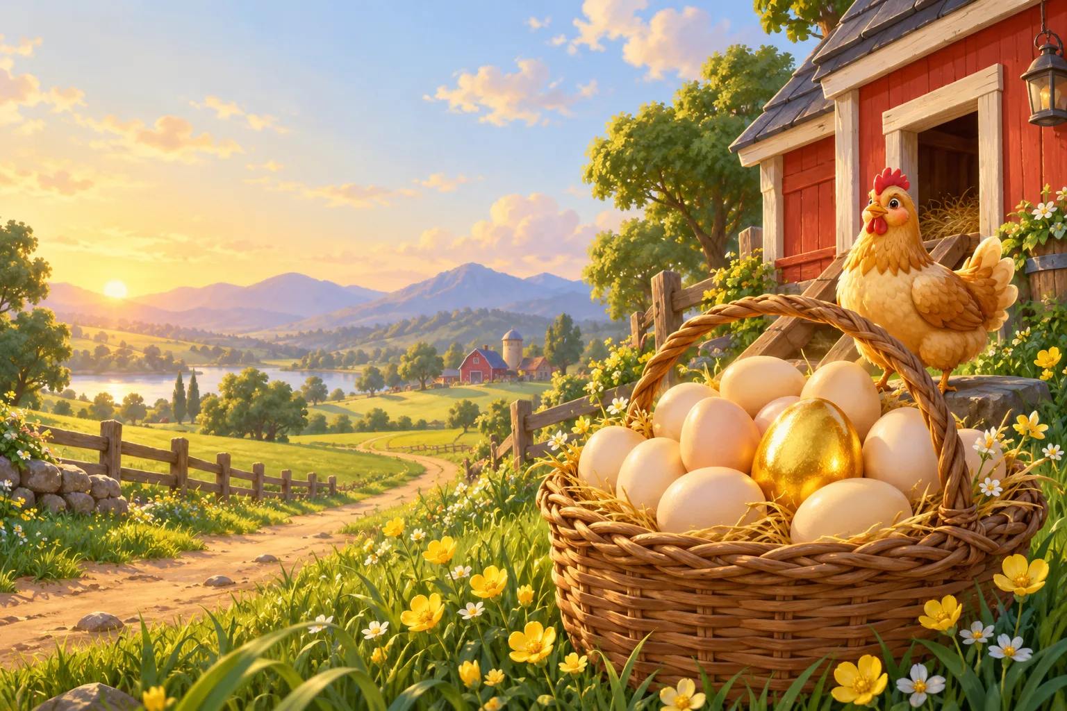 A safely delivered basket of cream and golden eggs glows in the afternoon sun beside the red coop.