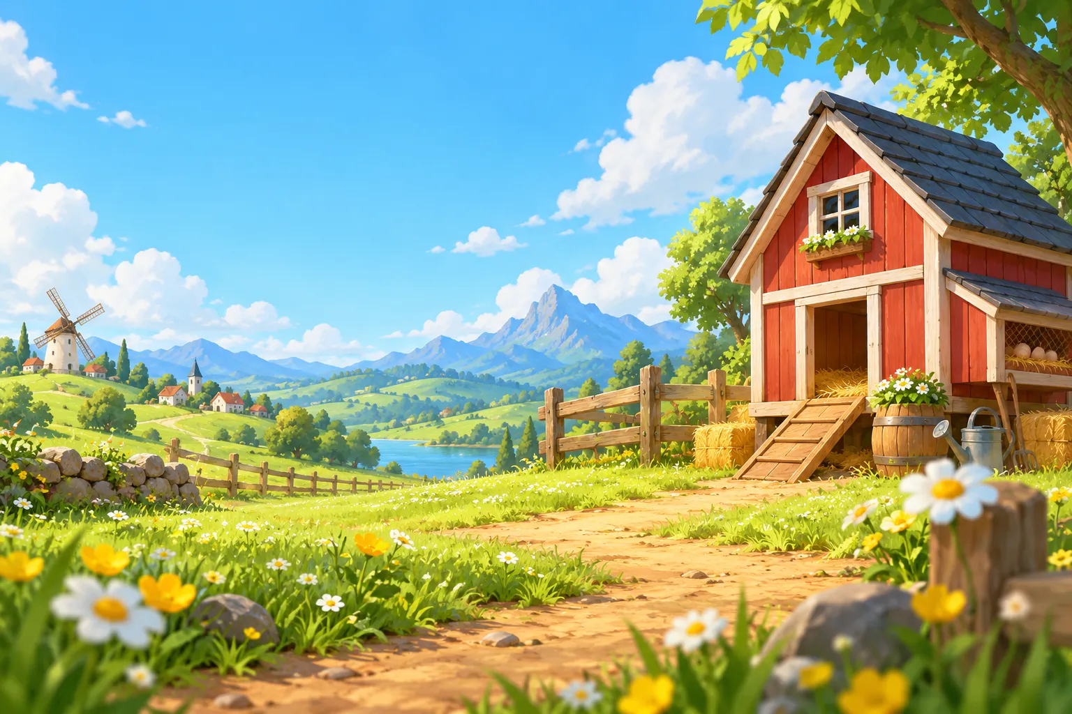 A sunlit red coop beside a flower-lined path, rolling green hills and a distant windmill.