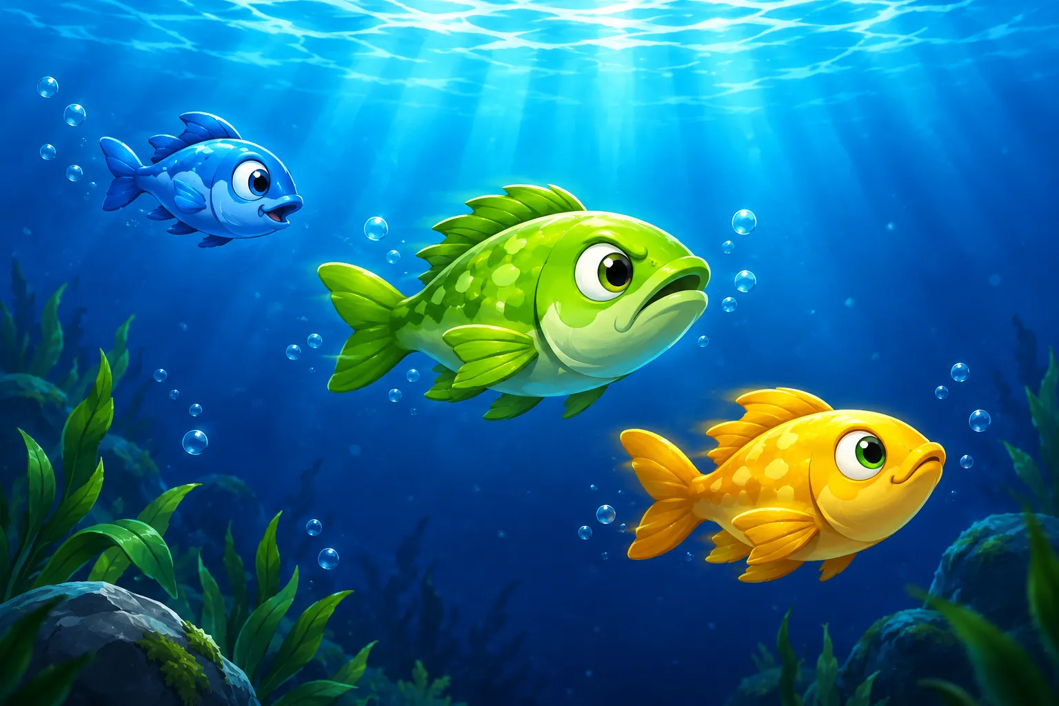 A curious blue fish, a stubborn green bass and a luminous golden fish swim through shafts of turquoise light.