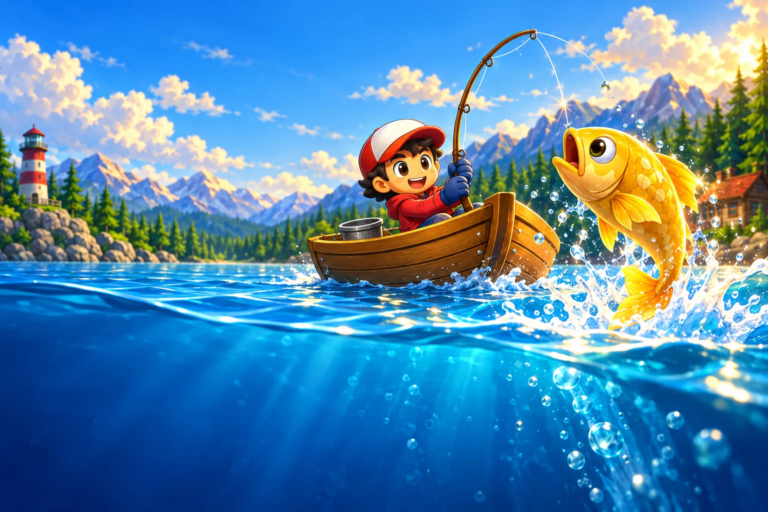 A golden fish leaps from the lake beside the delighted angler, scattering sunlit droplets around the wooden boat.