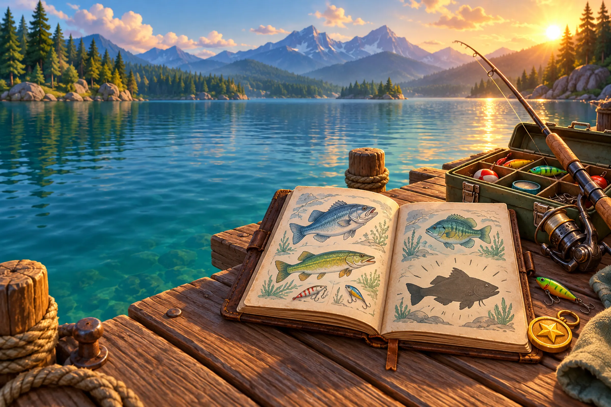 An open catch journal with fish sketches and an undiscovered silhouette, beside a tackle box, reel and gold medal on a sunlit wooden dock.