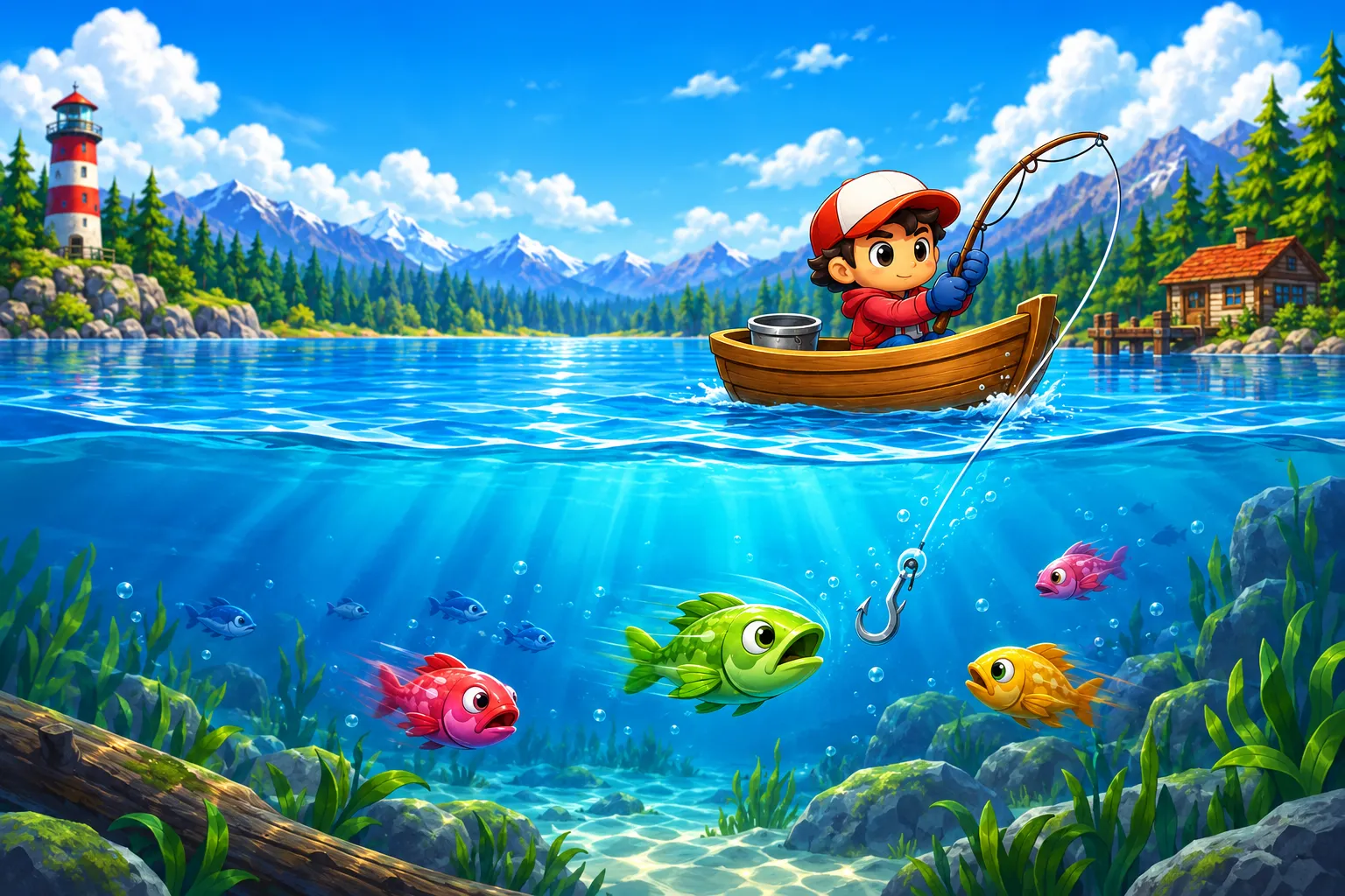 A red-capped angler in a wooden boat above a mountain lake, with a green fish approaching the hook beneath the waterline.