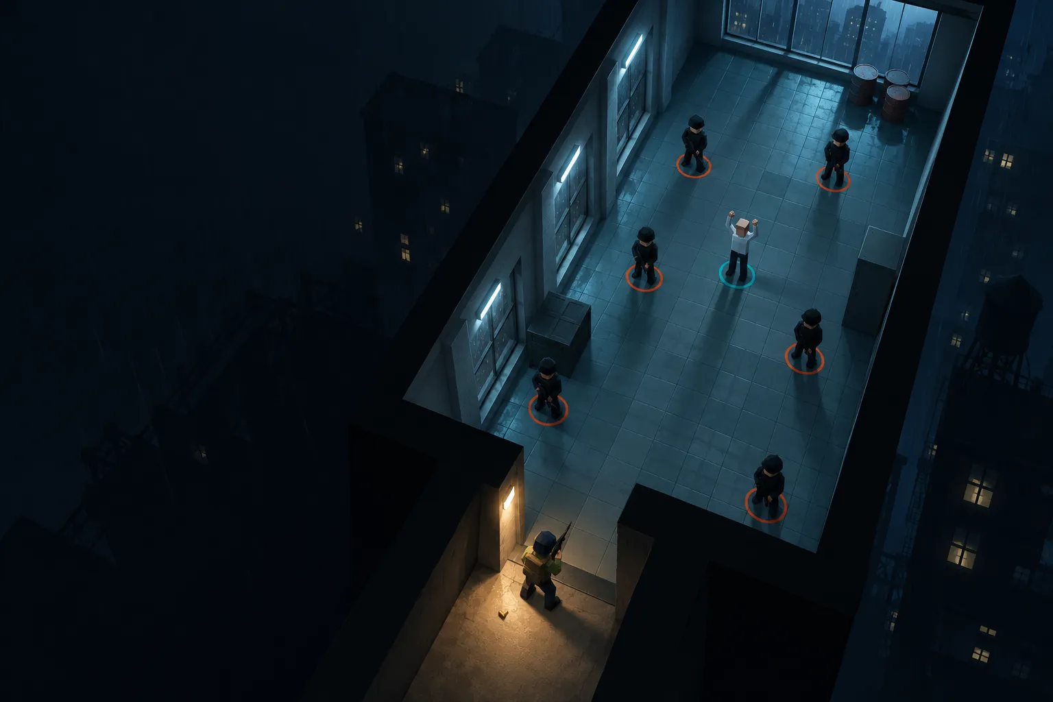 A cold corridor seen from above, with the shooter at the entrance, guards ahead, and an unarmed hostage to spare.