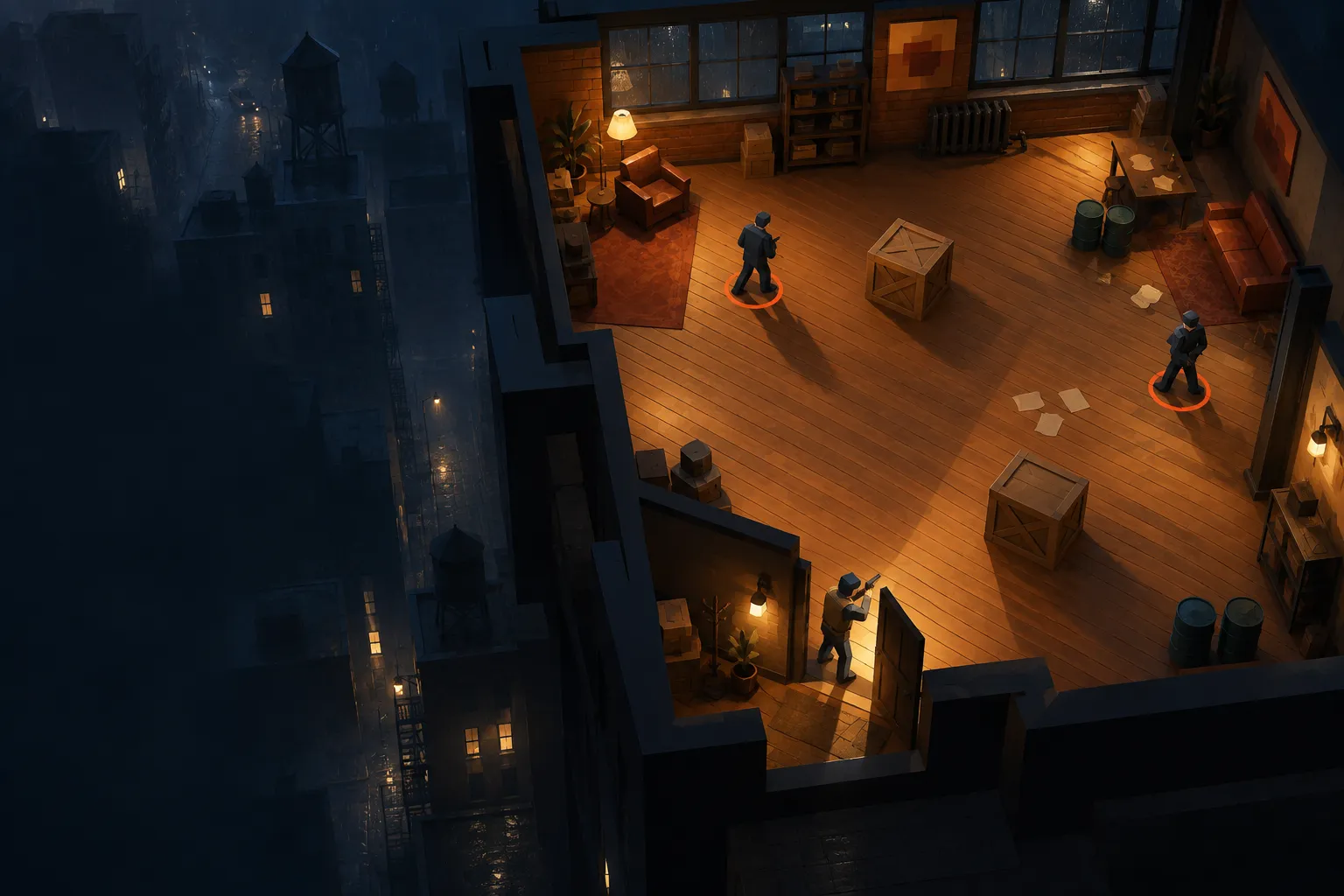 A warm wooden loft above a rain-soaked city: the shooter waits at the door while guards stand among crates and barrels.