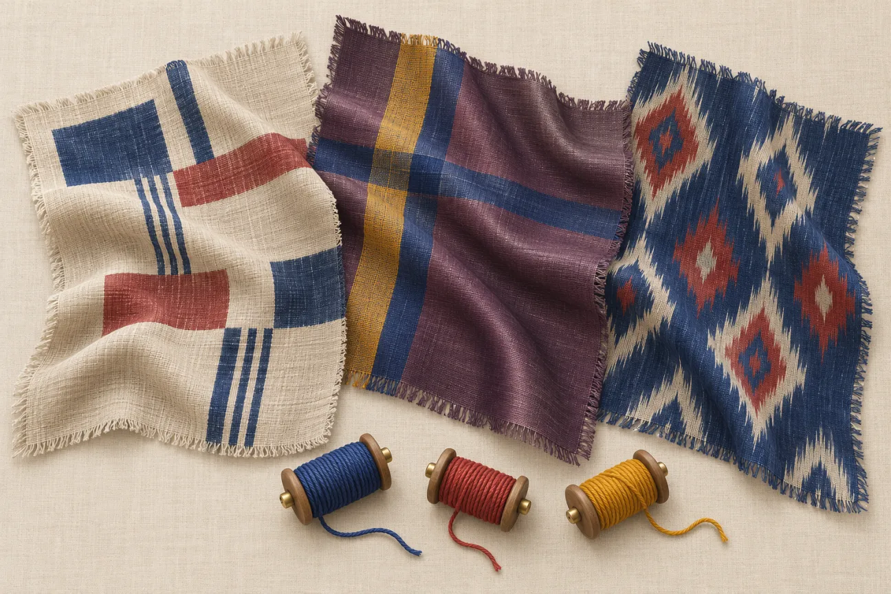 Cotton in flax and simple blocks, aubergine Silk with crossing bands, and indigo Ikat with feathered diamonds; three yarn spools rest below.