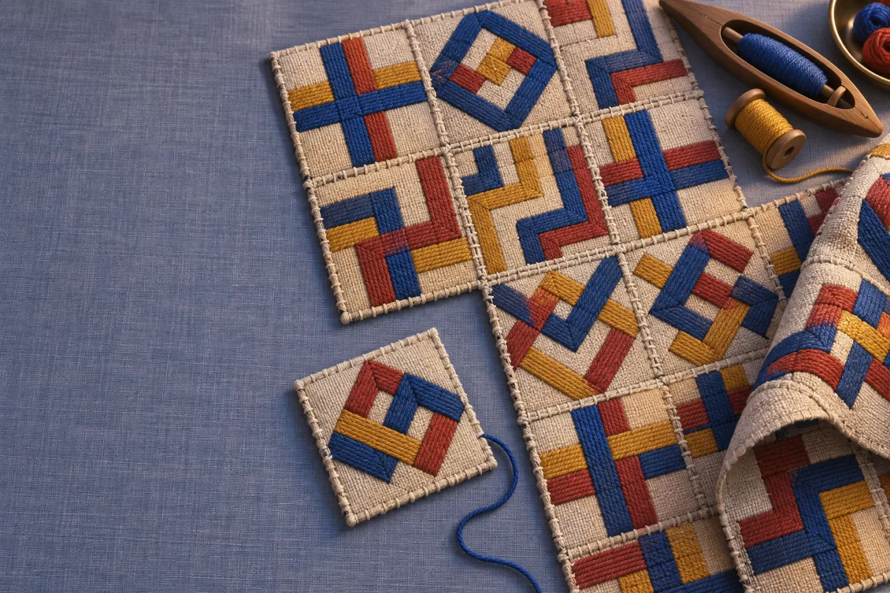A quilt of indigo, madder and turmeric woven panels, a loose patch and a wooden shuttle resting on the studio table.