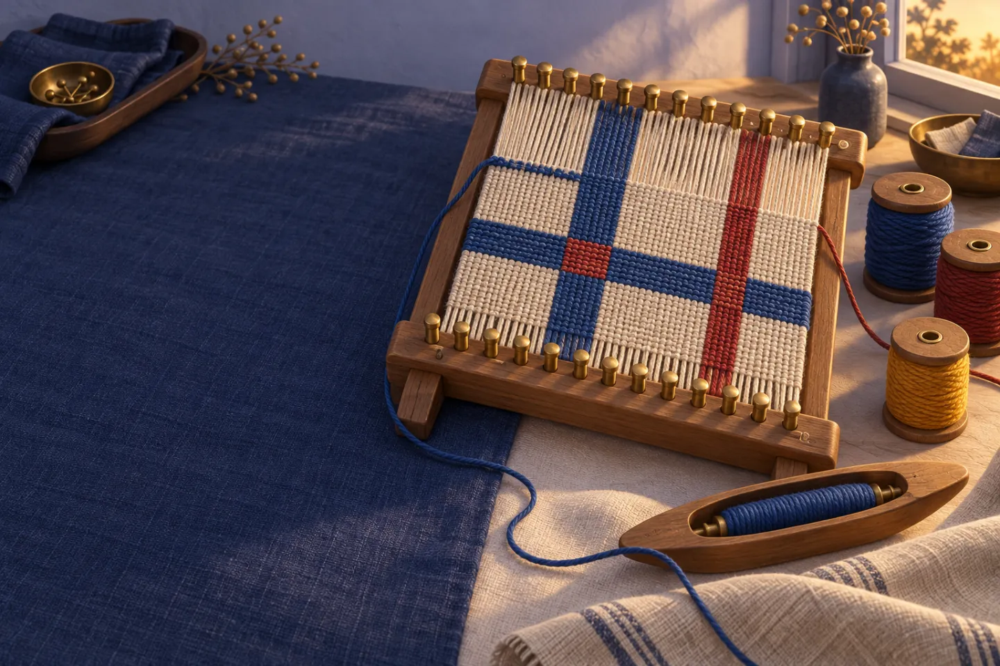 A teak loom, brass pins and indigo, madder and turmeric spools on a linen-covered table in the evening light.
