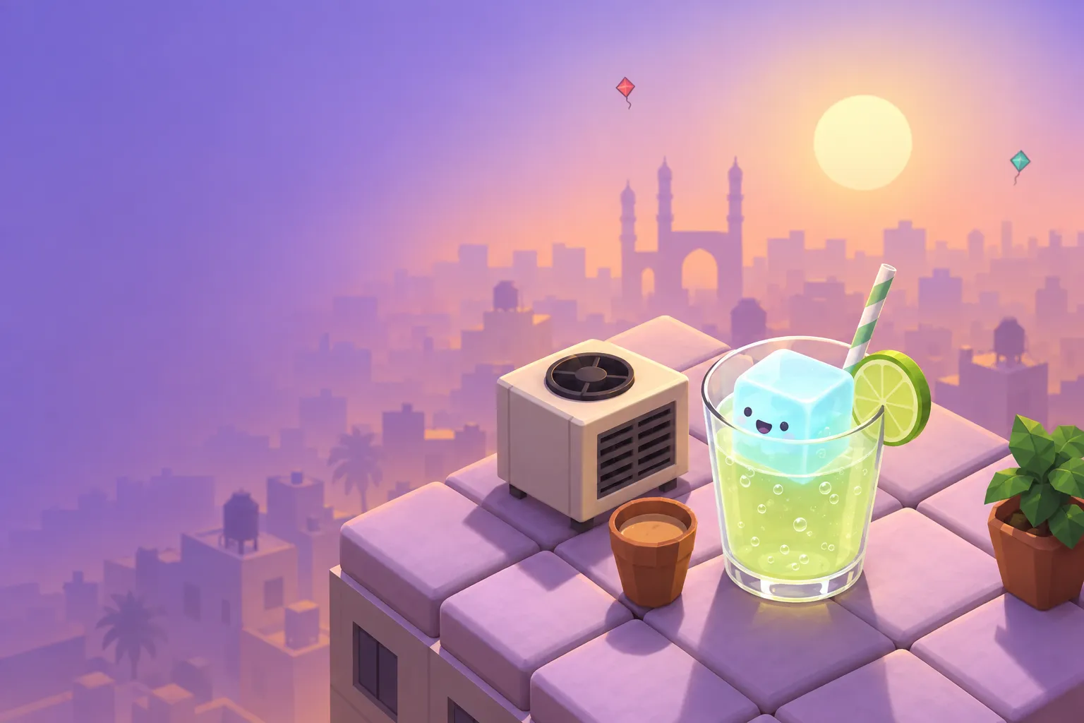 A happy cyan ice cube floats in a glass of nimbu soda beside a cooler and chai, above the old-city skyline at dusk.