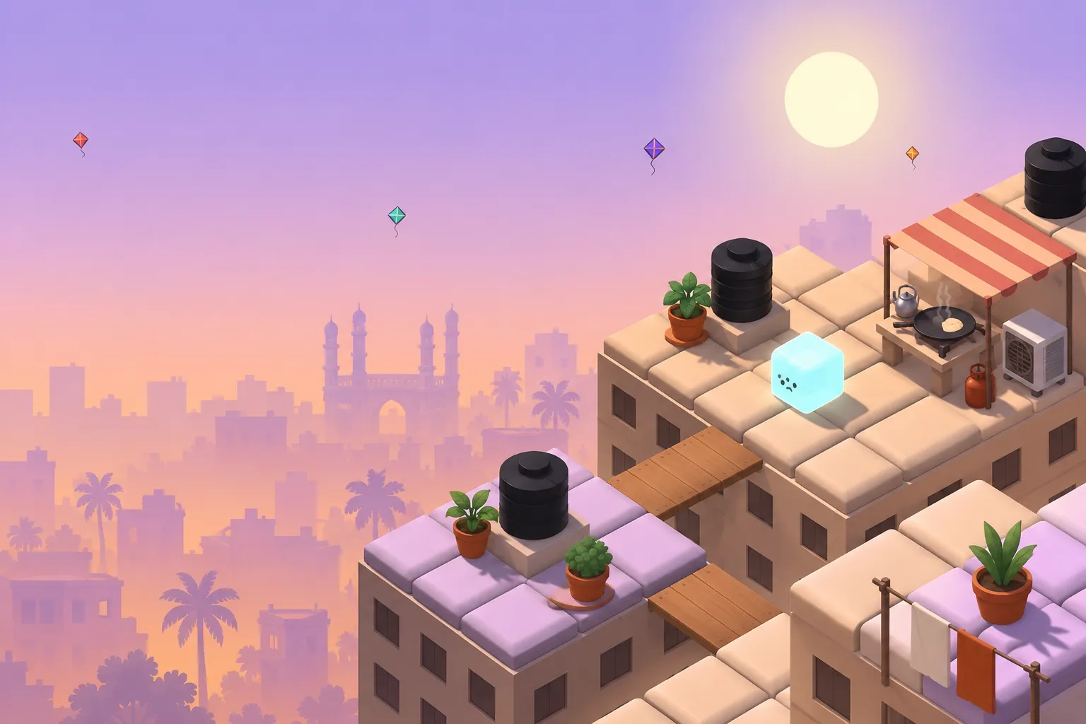 Tiled rooftops under a peach haze, a landmark in the distance.