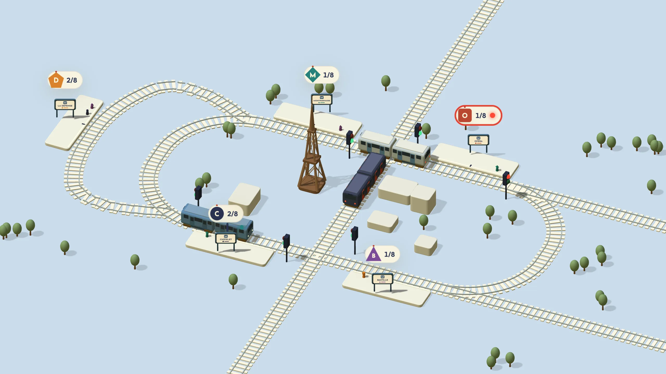 Two metro trains share a loop line while a freight train crosses it at a diamond, guarded by signals.