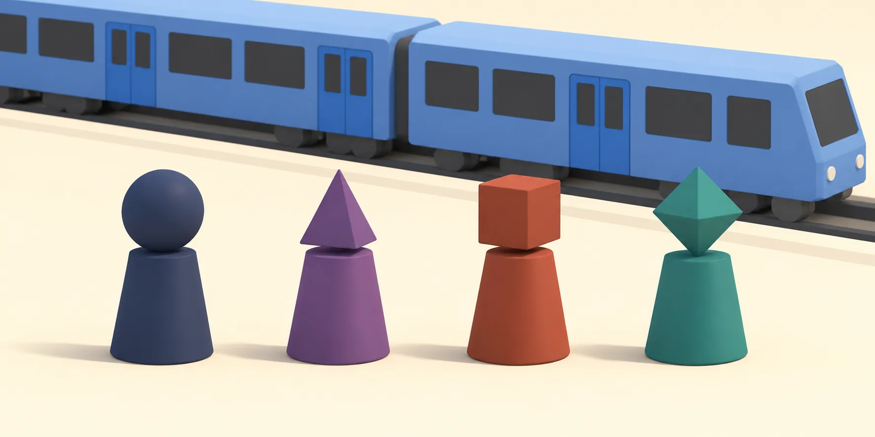 Riders with colourful geometric head shapes wait beside a blue metro train.
