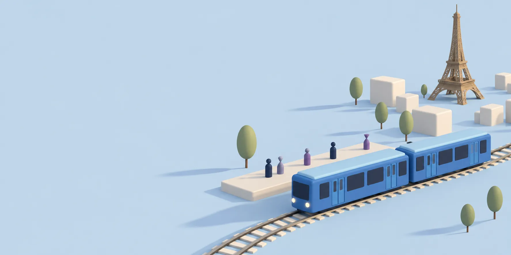A blue train arrives beside a platform in the soft light of a new morning.