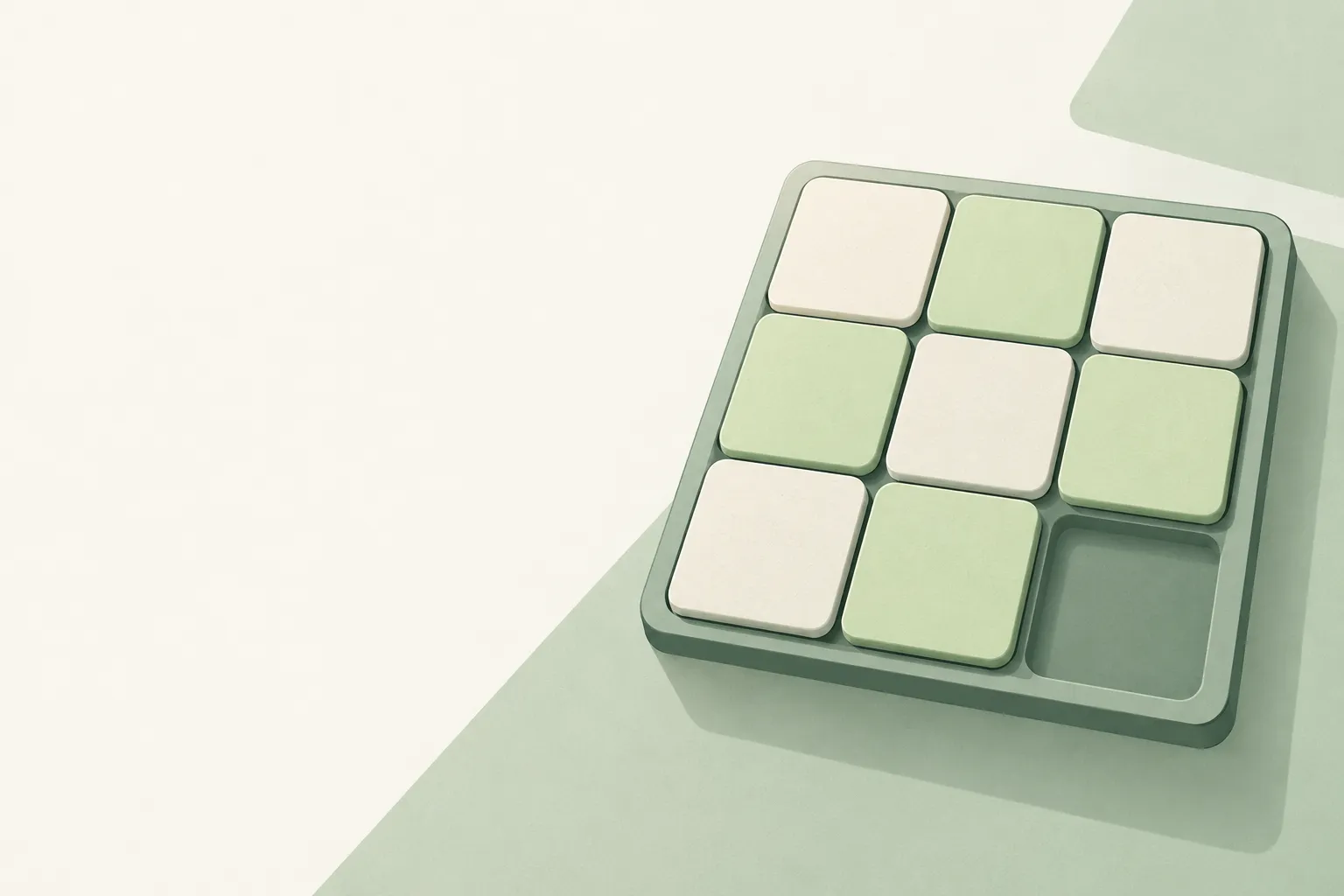 Eight pale tiles settle into an orderly three by three board, leaving one quiet empty corner.