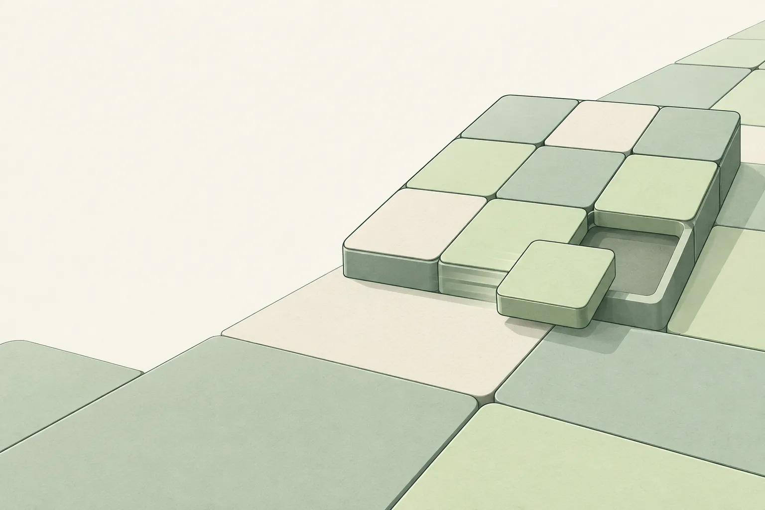 A quiet landscape of ivory and sage puzzle tiles, with an empty square opening a route through the board.