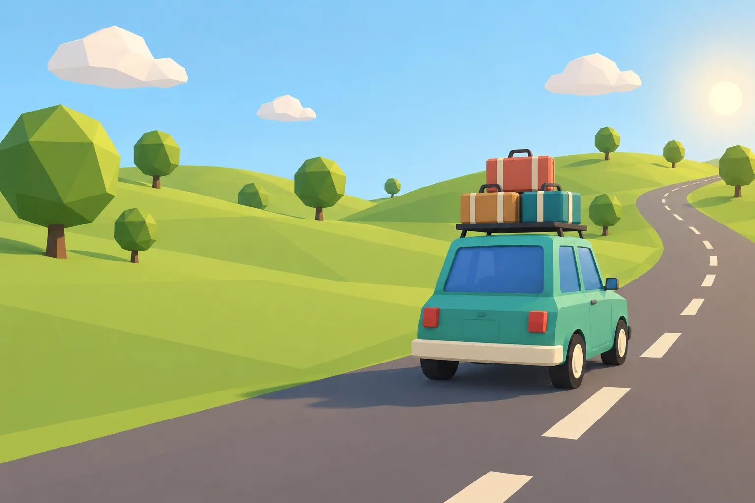 The little teal car heads towards the next green hill, with all three bags still on its roof.