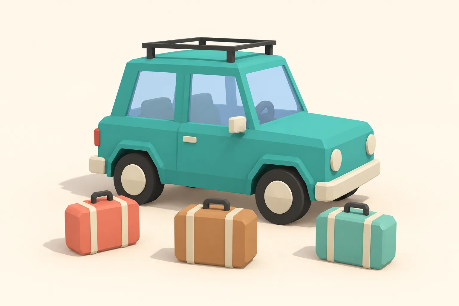 The teal car and its three travelling companions: a coral suitcase, a tan suitcase and a teal suitcase.