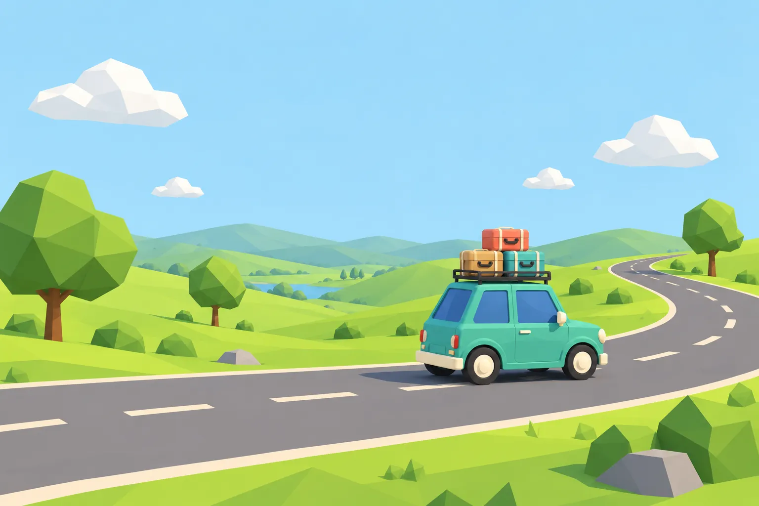 A little teal car carries coral, tan and teal suitcases along a winding road through sunny low-poly hills.