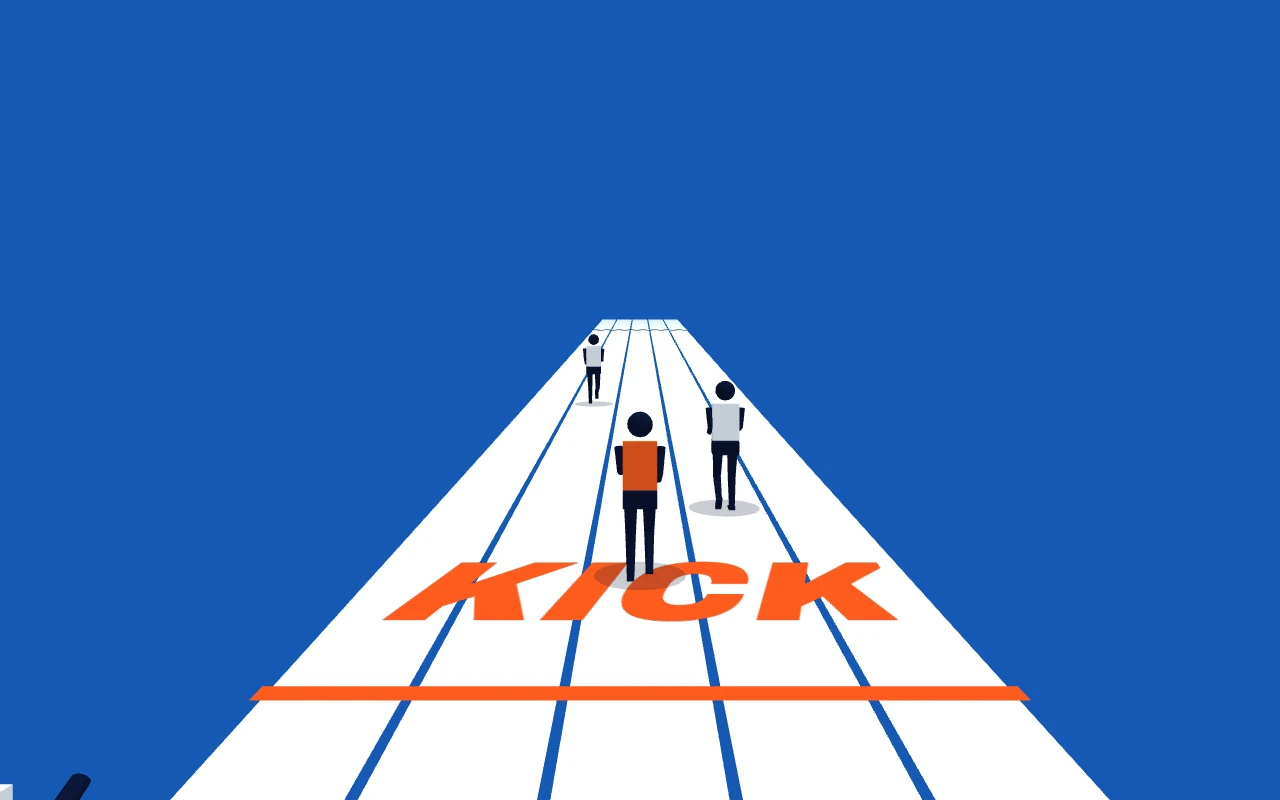A runner reaches the orange kick line and sprints down the final straight toward the chequered finish.