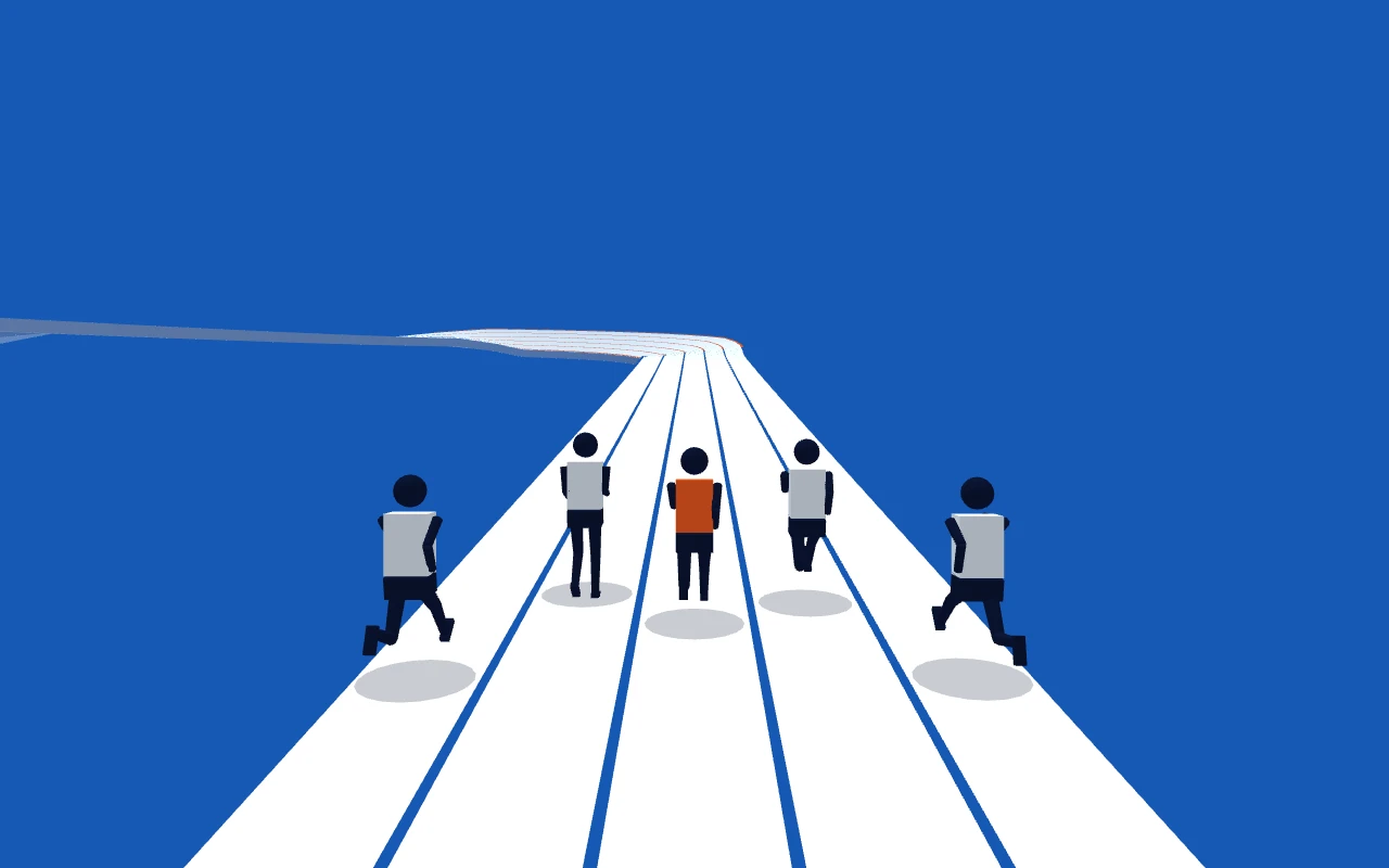 Runners race along white lanes through the blue stadium, approaching an orange-lined bend.
