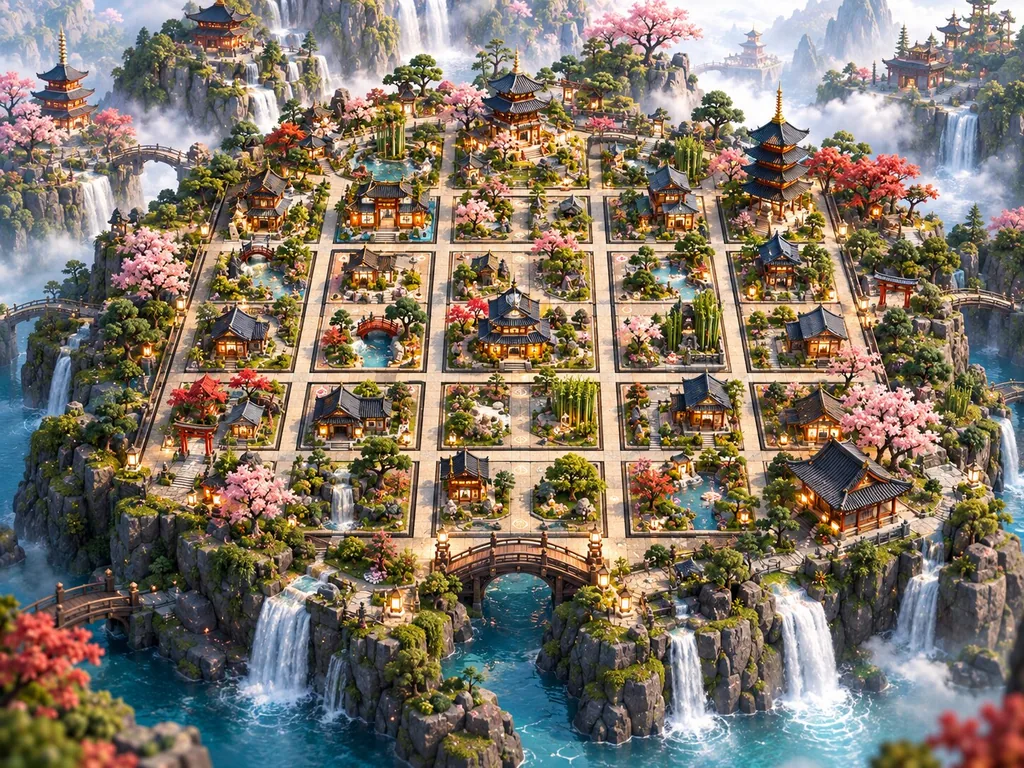 The finished island city: complete neighbourhoods, pagodas, gardens, roads and waterfalls.
