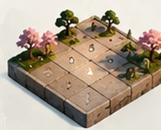 Trees and pink blossoms grow from the numbered stone plots.