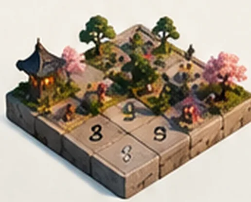 Small buildings rise between trees and remaining numbered stones.