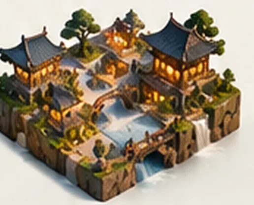 An illuminated neighbourhood with connected paths, gardens and water.