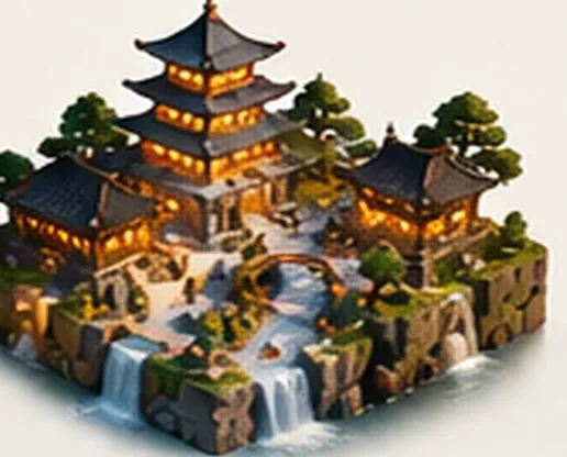 A completed neighbourhood with a pagoda, gardens, lanterns and a waterfall.