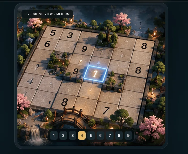 Numbers sit directly on the 3D stone board. One selected stone glows blue, with the number bar below.