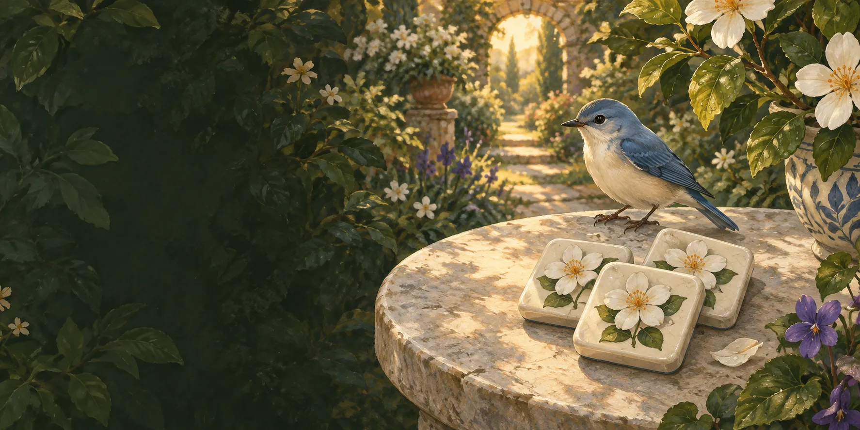 A blue songbird beside three matching blossom tiles, with olive leaves and flowers in the golden afternoon light.
