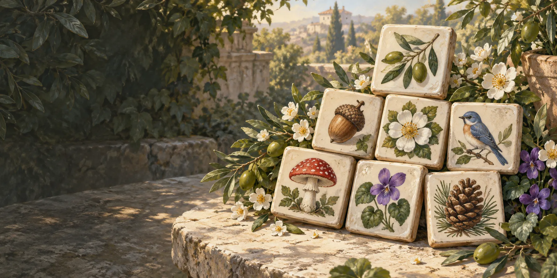 Painted ivory tiles gather among olive branches, white blossoms and violets on a sunlit garden table.